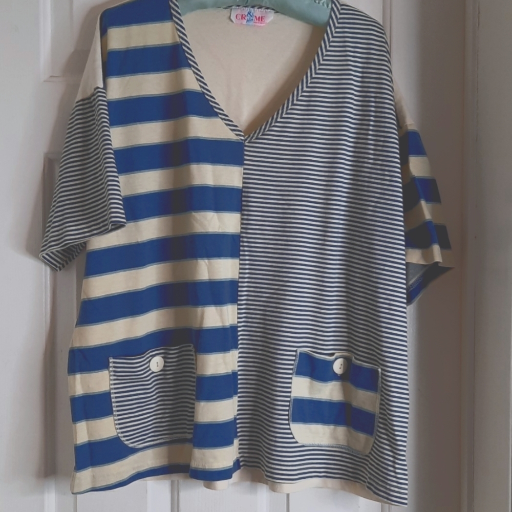 Blue and cream 1980's vintage top plus size or oversized shirt buttons on front
